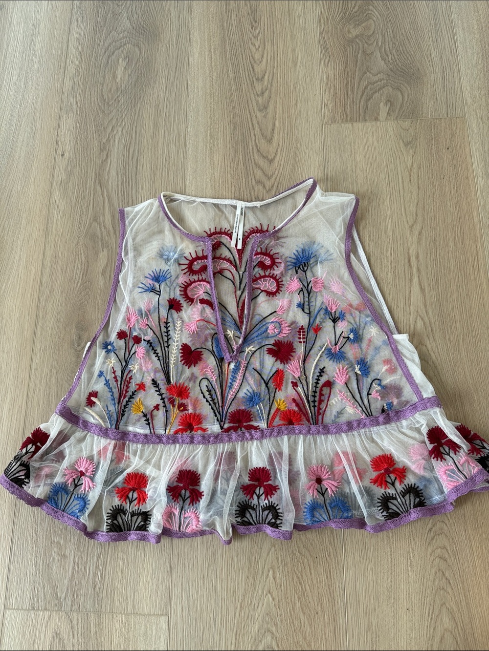 Anthropologie Sheer Mesh Top with Red, Pink & Purple Embroidery MP